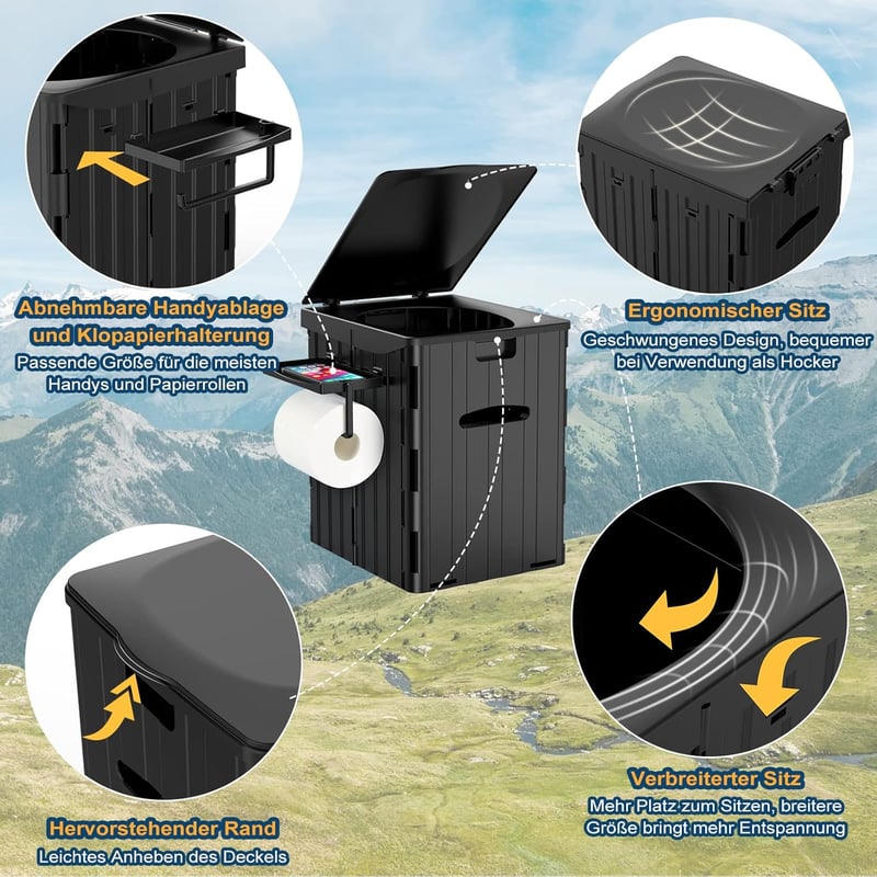 WADEO Hordozható Kemping WC Papírtartóval és Telefontálcával - Black With Urination Device for Women