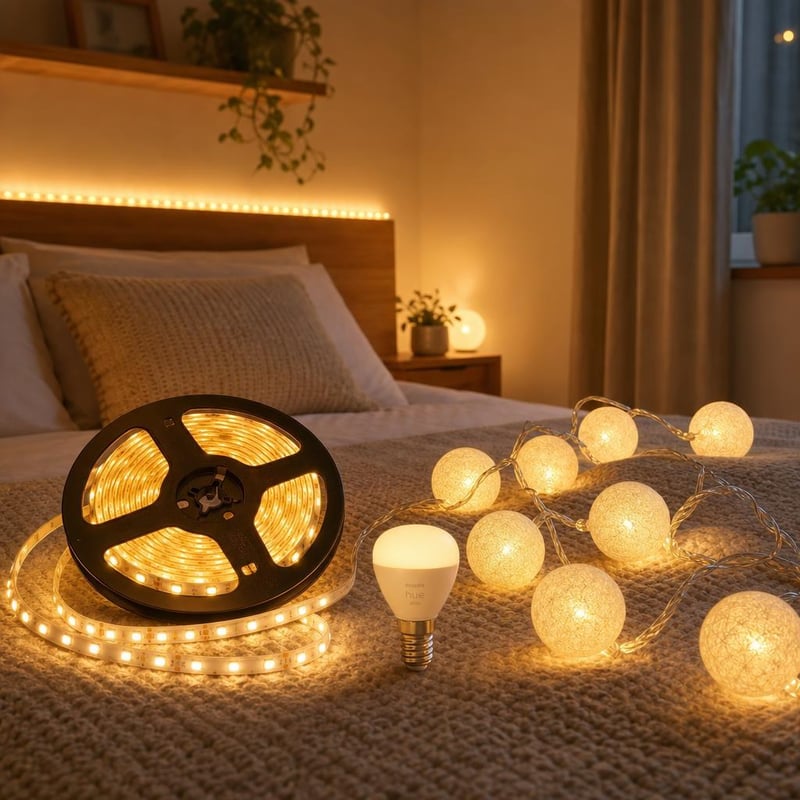 Večerná svetelná mágia: 1x LED pás 10m + 1x svetelná reťaz 4,5m + 1x stmievateľná LED žiarovka E14