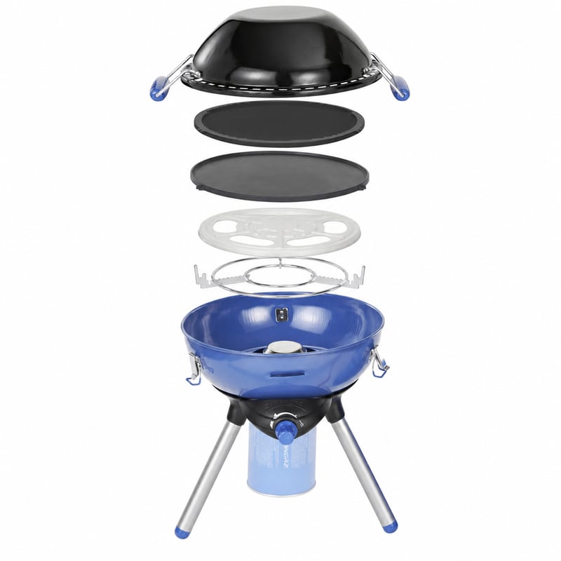 Prenosný plynový gril Campingaz Party Grill 400 CV modro-čierny, na kartuše CV300+ a CV470+, piezo zapaľovanie — Chýba rošt (stav: pozri 2. obrázok)