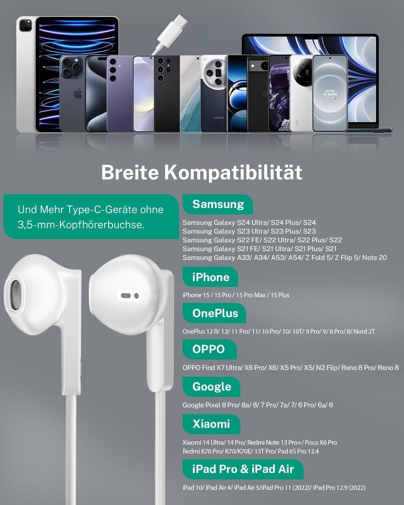 USB C Fülhallgató Samsung Galaxy S24 S23 Ultra A35 S25 iPhone 15 16 Pro Pixel 8 Xiaomi 14 Készülékekhez - HiFi Sztereó Vezetékes In-Ear Head
