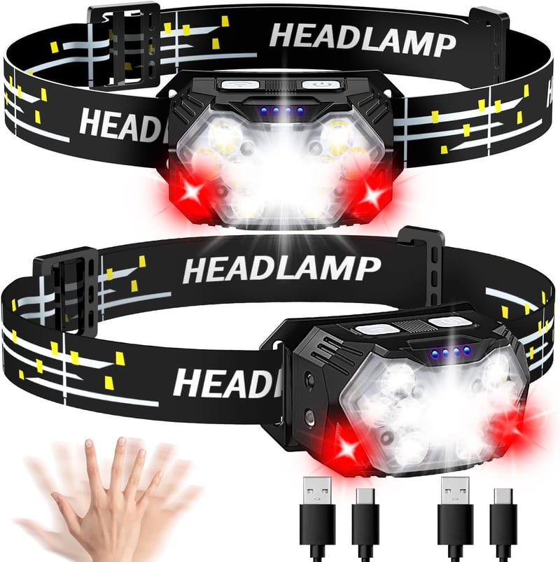 Lsnisni LED fejlámpa 2db, vízálló fej lámpa 6 üzemmóddal, piros fénnyel, elemekkel