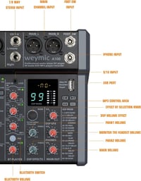 Weymic A80 Professzionális DJ Keverőpult - 8 Csatornás Hangkeverő 99 DSP Effekttel, USB, Bluetooth, XLR Mikrofon Bemenettel, Karaoke és Stúd - A80 8 Channel 9