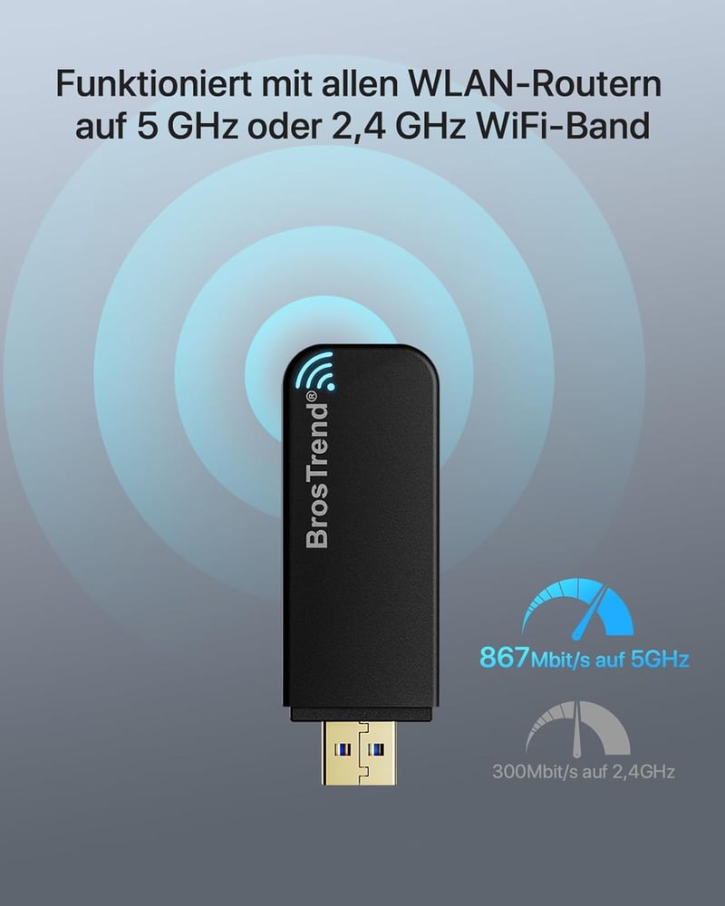 BrosTrend AC1200 USB WiFi adapter Linux rendszerekhez és Windows 11-hez, 5GHz/2.4GHz