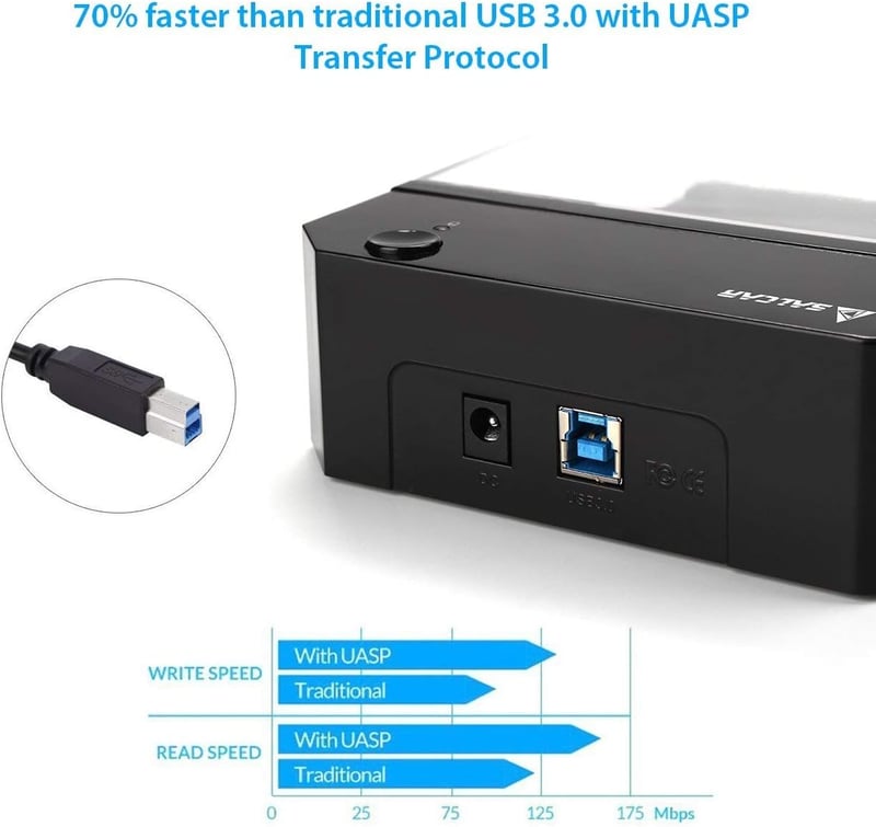Salcar USB 3.0 külső merevlemez ház 2,5" és 3,5" SATA SSD és HDD-hez, tápegységgel