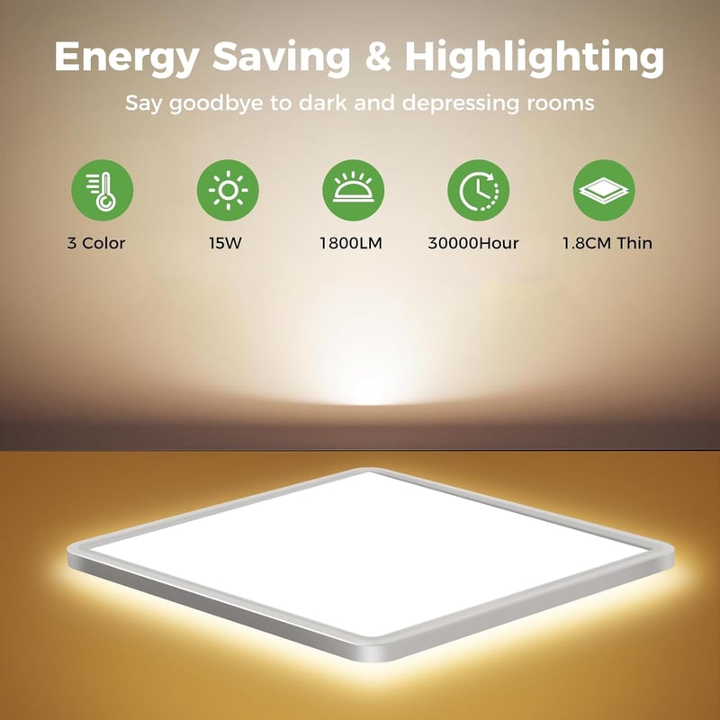 zemty Négyzet LED Mennyezeti Lámpa 15W 1800LM - Állítható Színhőmérséklet 3000K/4000K/6500K - Fürdőszobába, Konyhába, Hálószobába, Folyosóra