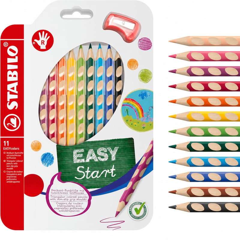 STABILO EASYcolors EasyStart ergonomske trokutaste drvene bojice za dešnjake, 11 komada u miješanim bojama sa šiljilom