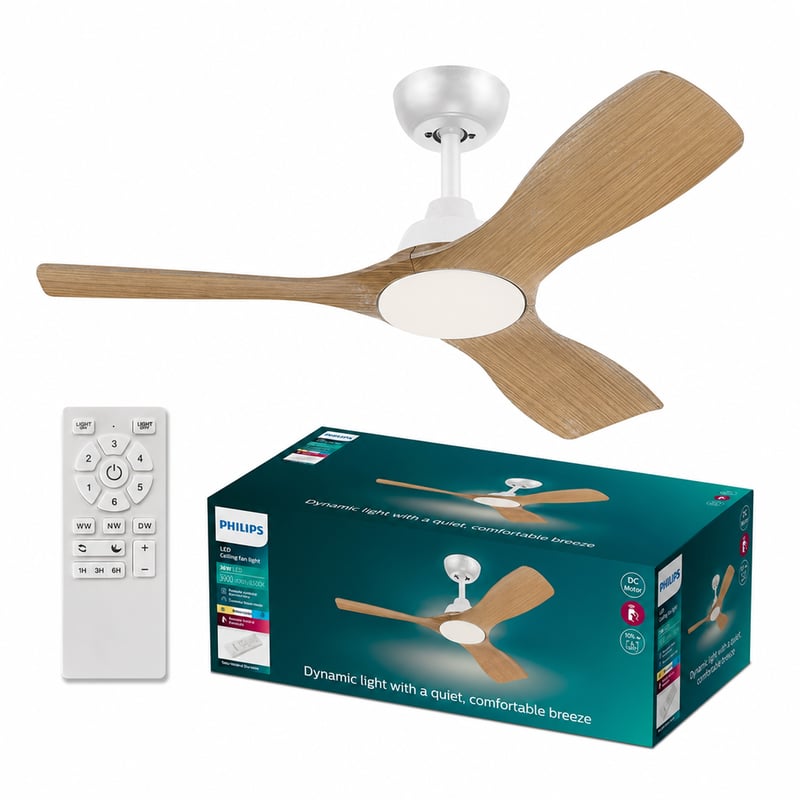 Philips Olas LED stropni ventilator 106 cm, 24W, boja bijelo drvo, DC motor — Nedostaju elementi za pričvršćivanje (vijci) (stanje: vidi 2. sliku)