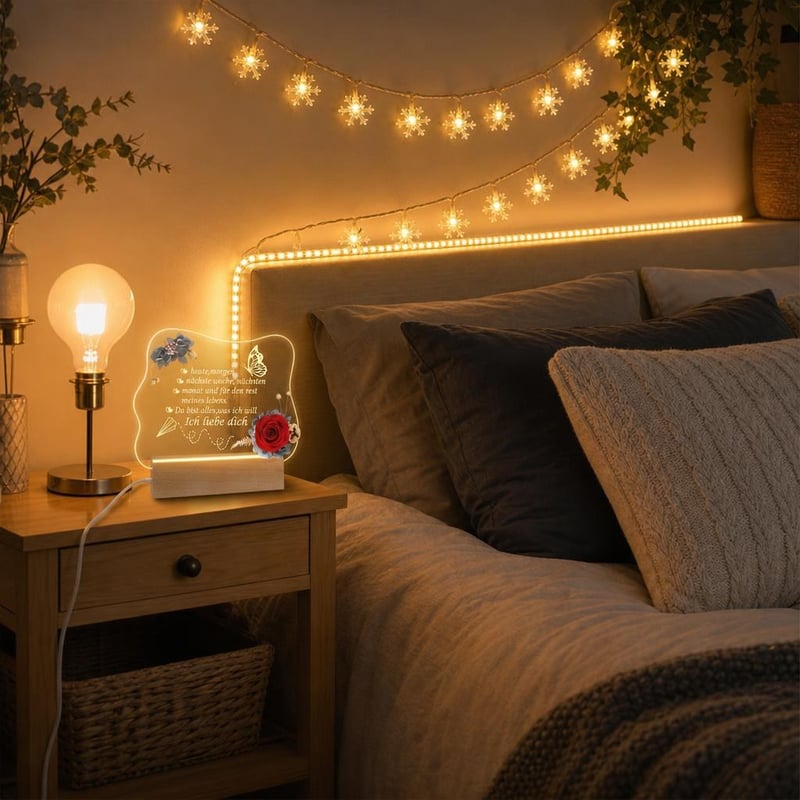Meghitt hálófény csomag: rózsás LED lámpa + 10 m LED szalag + 6 m fényfüzér + E27 LED izzó