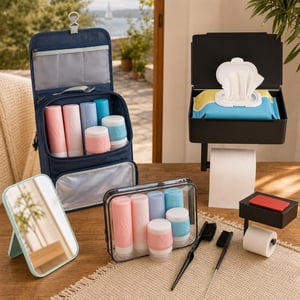Set organizator voiaj: geantă cu agățătoare + 8 recipiente + 3 perii păr + suport hârtie igienică