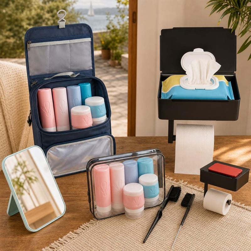 Set organizator voiaj: geantă cu agățătoare + 8 recipiente + 3 perii păr + suport hârtie igienică