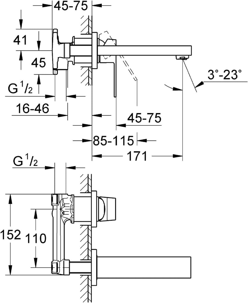 GROHE Eurocube Kétlyukú Mosdó Csaptelep - Króm Kivitel, Fali Szerelésű, 171 mm Kifolyóval, Fürdőszobai Használatra