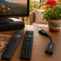 Balík ovládačov a adaptéra: 1x univerzálny TV ovládač + 1x Tivùsat/Fuba ovládač + 1x DP-HDMI adaptér 1