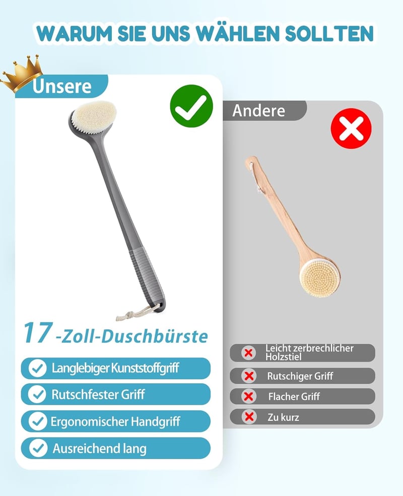 Hosszú nyelű hátkefe zuhanyzáshoz - 43 cm-es szürke testradírozó kefe férfiaknak és nőknek