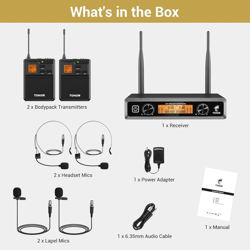 TONOR UHF TW822 Vezeték Nélküli Mikrofonszett Fejpántos és Csíptetős Mikrofonnal, 10 Frekvencia, 60m Hatótáv, Énekléshez, Karaokéhoz - 2 body pack