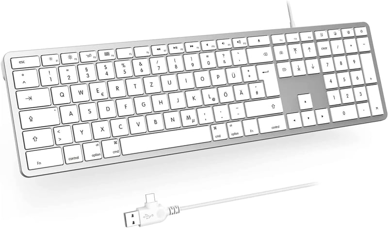 seenda Vezetékes Mac Billentyűzet, Kábellel és Type C/USB Porttal, Német QWERTZ Layout, Kizárólag Mac OS/iOS Rendszerekhez, Ezüst-Fehér