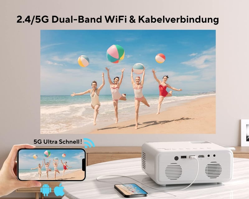 AKIYO O7 Full HD 1080P WiFi Bluetooth Projektor 200 ANSI - Hordozható Házimozi Vetítő 240" Képernyővel, 5G Támogatással, Kompatibilis Fire S