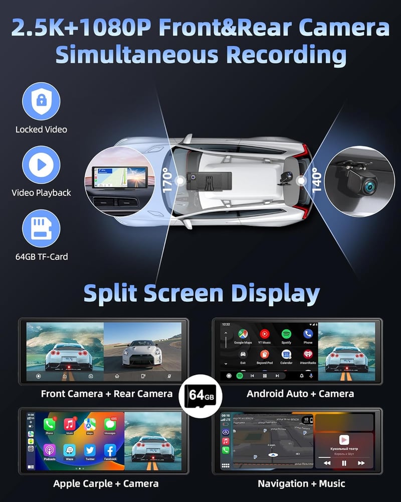 Jansite 10,26" Apple CarPlay Android Autós Kijelző 2.5K Műszerfali Kamerával, Vezeték Nélküli DrivePlay, Tolatókamera, Bluetooth, Tükrözés