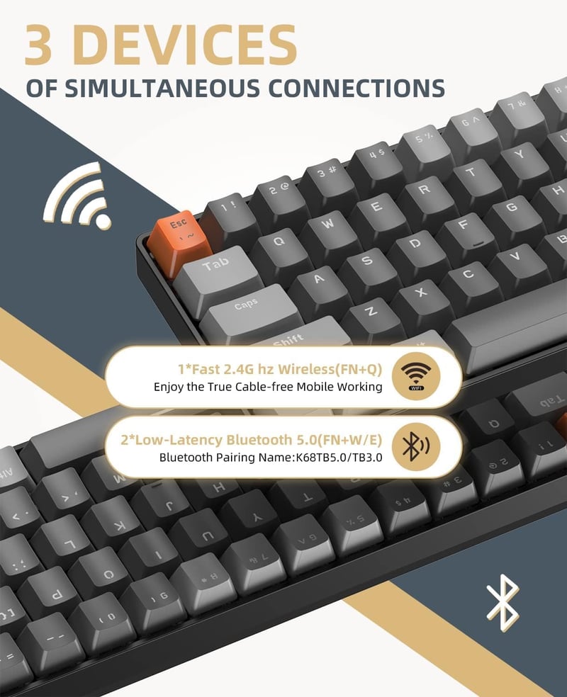 YINDIAO K68 Wireless Mechanikus Gaming Billentyűzet 68 Gomb Bluetooth 2.4GHz Szürke