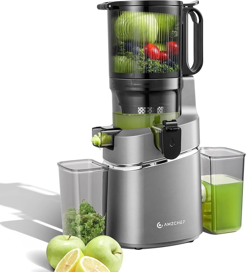 AMZCHEF Automata Gyümölcs- és Zöldségprés 250W - Széles 135mm Adagolónyílás, 1,8L Kapacitás, Hármas Szűrőrendszer, Hidegpréselés, Csendes Mo