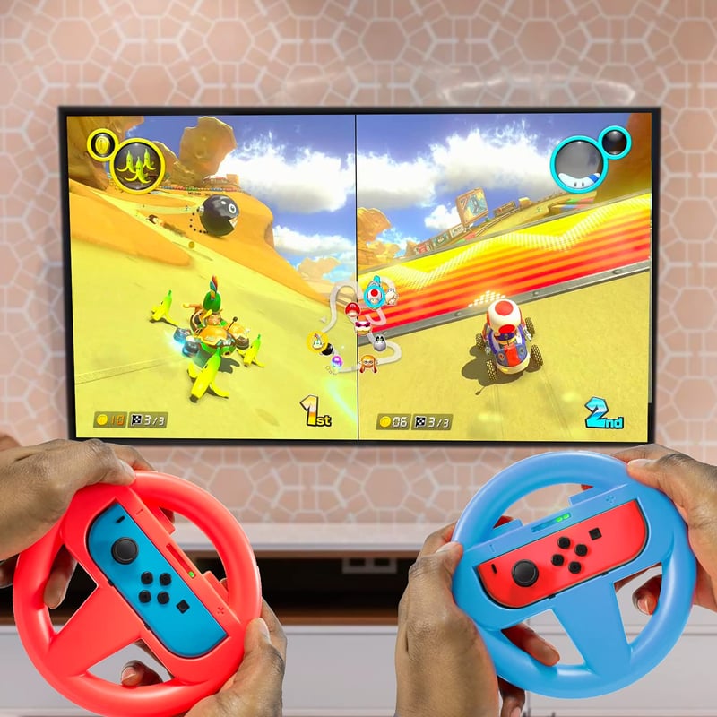 Orzly Nintendo Switch kormánykerék szett - 2 darabos kék és piros Joy-Con tartó kiegészítő Mario Kart játékhoz - valósághű versenyzési élmén