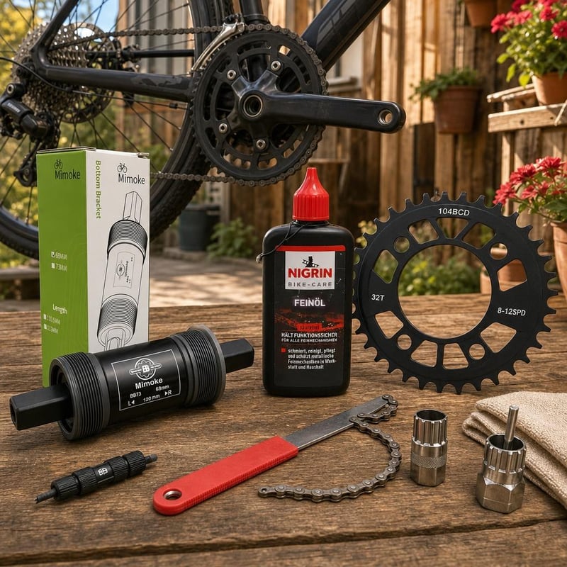 Set za održavanje pogona: srednji pogon + alat za kazetu + ulje 100ml + regulator sajle + 104 BCD lančanik