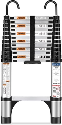 HBTower 3,8 m Teleszkópos Alumínium Létra Kampókkal - Könnyű, Összecsukható Padláslétra, Lakókocsikhoz, 150 kg Teherbírással, Ezüst 1