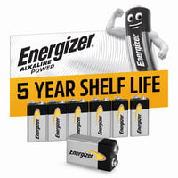 Alkalické batérie Energizer Alkaline Power 9V, balenie pre detektory dymu a elektroniku, 100% recyklovateľný obal — sada 7 ks 1