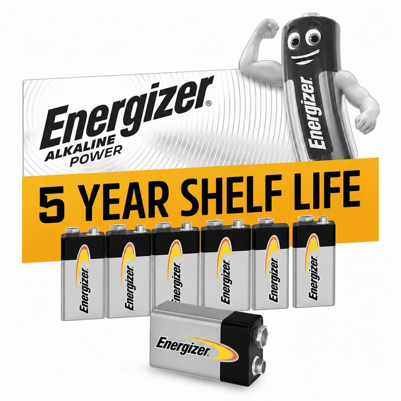 Alkalické batérie Energizer Alkaline Power 9V, balenie pre detektory dymu a elektroniku, 100% recyklovateľný obal — sada 7 ks
