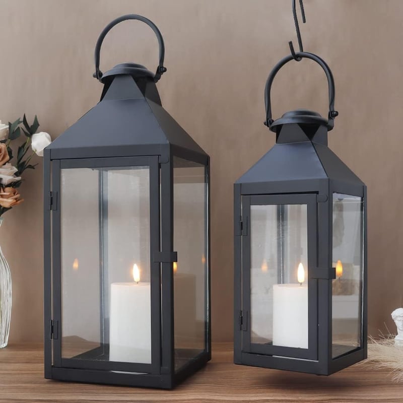 JHY DESIGN Fekete Fém Lámpás Szett - 44,5 cm és 24 cm Magas Vintage Stílusú Dekorációs Lámpások Beltéri és Kültéri Használatra, Esküvőkre, R
