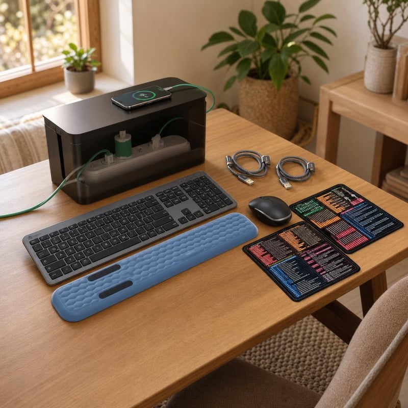 Pachet Birou Organizat: tastatură wireless + mouse + 2 mousepad-uri + suport încheietură + organizator