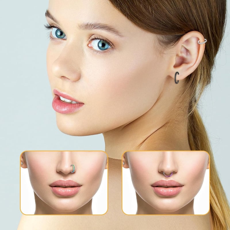 DIVINA VITAE 10 Részes Orr Piercing Szett - Rozsdamentes Acél Karika, Hamis Orr és Ajak Gyűrű, 20g 8mm, Septum és Porc Karika Férfiaknak és 