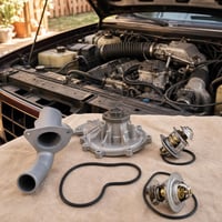 Kit reparație sistem răcire: carcasă termostat + țeavă pompă apă + termostat + 2 garnituri 1