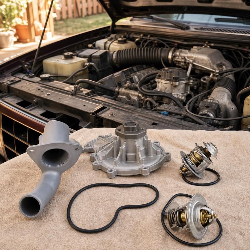 Kit reparație sistem răcire: carcasă termostat + țeavă pompă apă + termostat + 2 garnituri