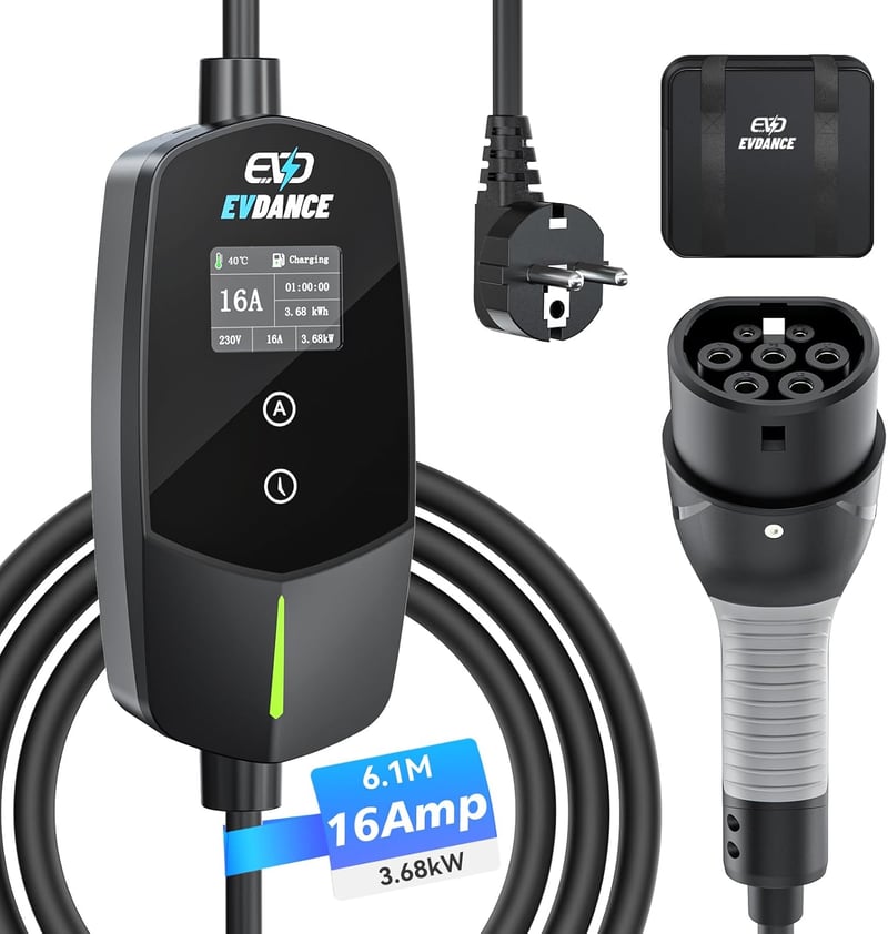 EVDANCE Type 2 Elektromos Autó Töltőkábel Schuko 3,68 kW, 6,1m, Időzíthető 0-12 Óra, 1-Fázisú, 6-16A, Elektromos és Hibrid Járművekhez