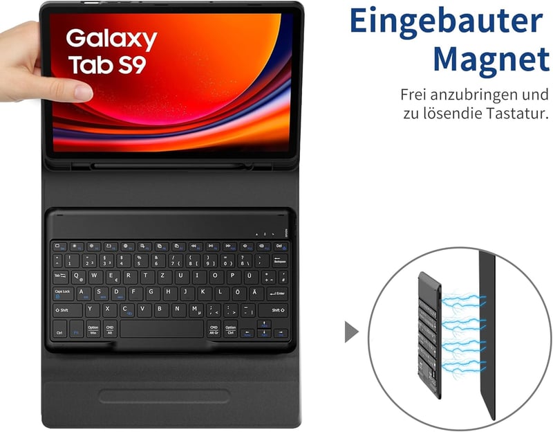 Samsung Galaxy Tab S9 FE/S9 EasyAcc német QWERTZ billentyűzetes tok, levehető, ceruzatartóval, fekete