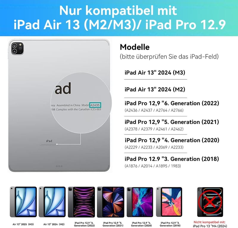 HOU iPad Air 13 és Pro 12.9 Billentyűzetes Tok - QWERTZ, Érintőpaddal, 7 Színű Háttérvilágítással, Mágneses Dizájn, Fehér - Kompatibilis M3/