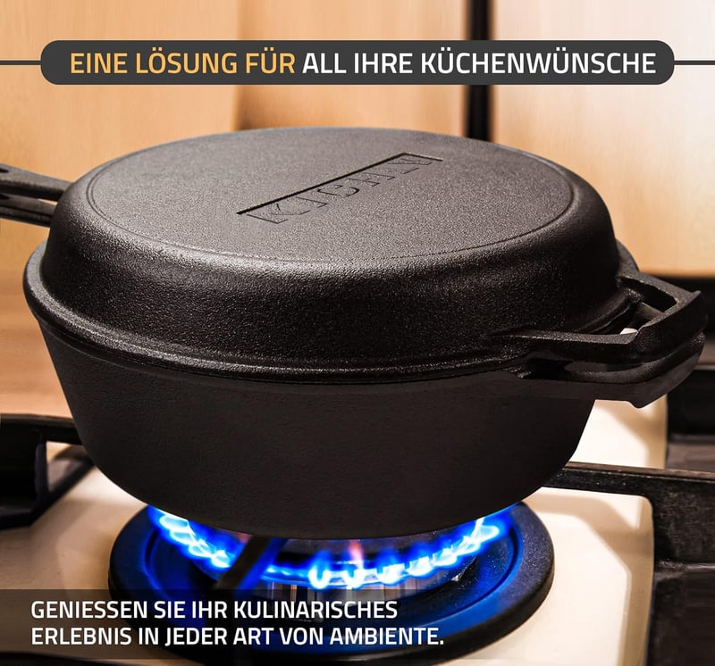 KICHLY Előkezelt Öntöttvas 2 az 1-ben Kombi Edénykészlet - 3,2 Literes Holland Sütő és 26 cm-es Serpenyő, Fekete, Tapadásmentes