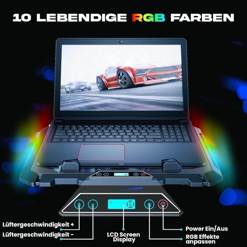 KLIM V8 Gamer Laptop Hűtőpad 8 Ventilátorral - RGB Világítás - 17 Colos Laptopokhoz - 2 USB Port - Telefontartó - Állítható Szög