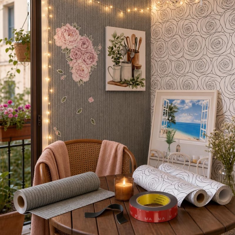 Set decor perete fără urme: 2x tapet autoadeziv + autocolant + tablou + bandă + ghirlandă LED