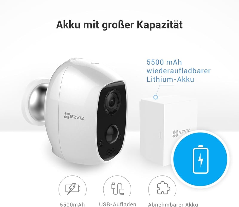 EZVIZ C3A Vezeték Nélküli Kültéri Biztonsági Kamera 1080P Felbontással, 5500 mAh Akkumulátorral, Mozgásérzékelővel és Kétirányú Hanggal, IP6