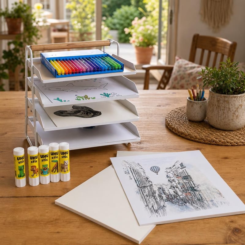 Kreativni set za crtanje: 50 listova papira/kartona + 24 flomastera + 5 ljepila + organizator