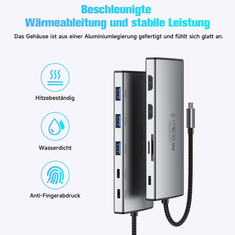 RSHTECH 11 az 1-ben MacBook Dokkoló - 8K/4K HDMI, USB 3.2/3.0, 100W PD, SD/TF, Gigabit Ethernet - Két Monitoros USB-C Hub Windows/Linux/Mac 