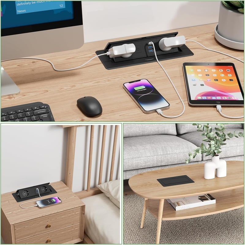 HANNELORE Behúzható Asztali Elosztó USB-C PD20W Gyorstöltéssel - Alumínium Bútorlap Konnektor 2 Aljzattal, 2 USB-A Porttal, Kapcsolóval, 1,8