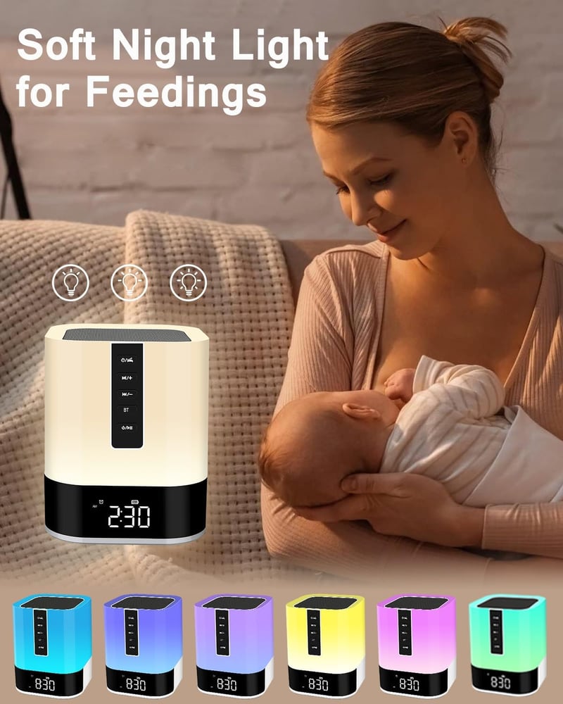 WamGra Bluetooth hangszórós éjjeli lámpa gyermek ébresztőórával, fehér zaj készülékkel, érintéses fényerőszabályzással, 48 RGB LED, fehér