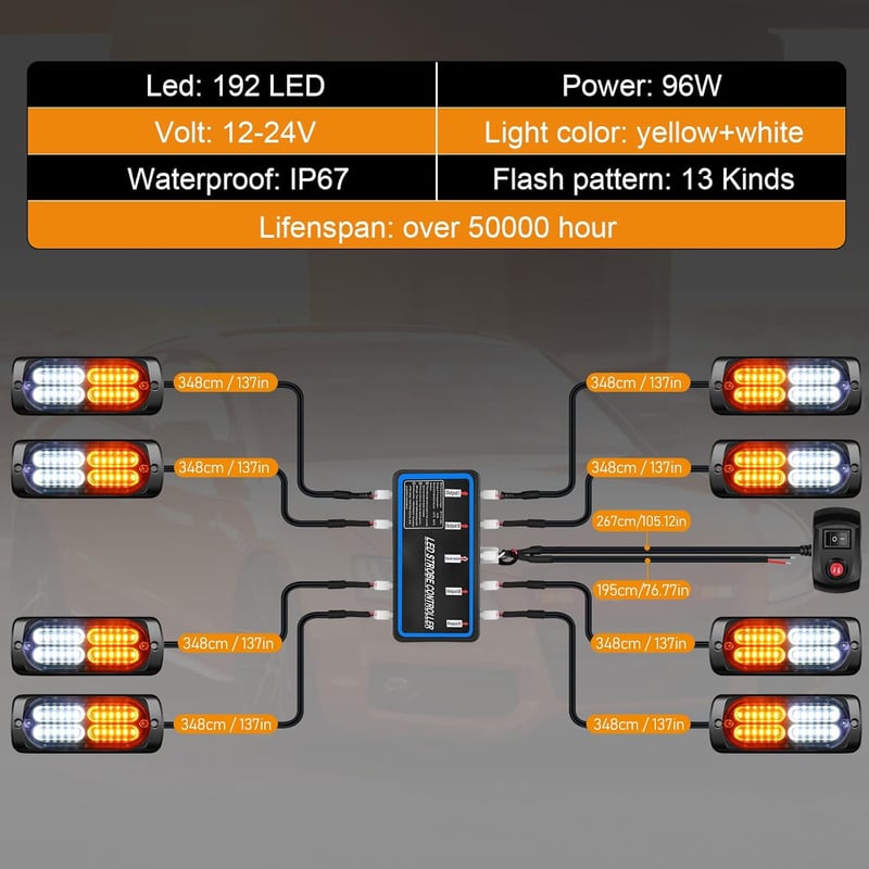 Dinfu 8x24 LED Elülső Villogó Lámpa - Narancssárga-Fehér Stroboszkóp 12V/24V - IP67 Vízálló Figyelmeztető Fény 18 Villogási Móddal Autókhoz,