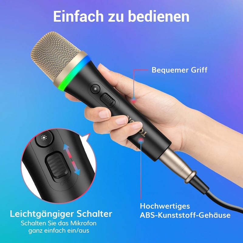 TONOR RGB XLR Karaoke Mikrofon, 5m Kábellel, Fekete Szuperkardioid