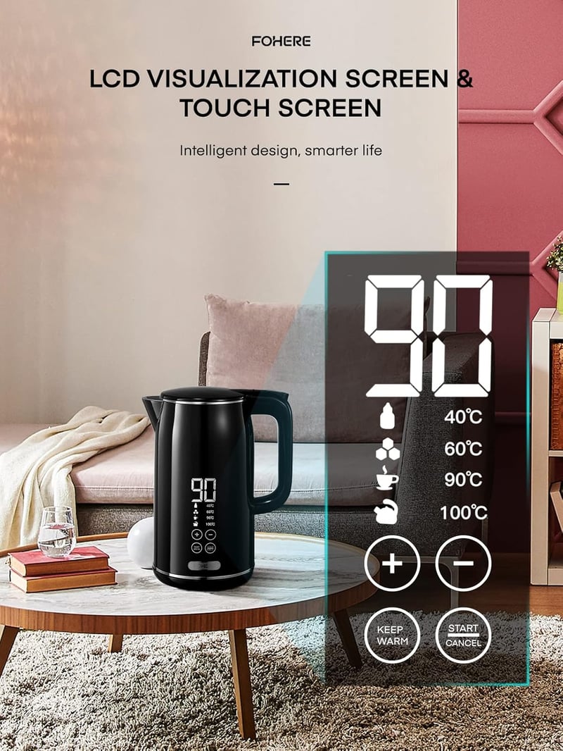 FOHERE Dupla falú vízforraló hőmérséklet-szabályozással, LCD kijelzővel, 1.7L, fekete