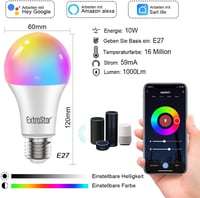 EXTRASTAR E27 Okos LED Izzó, WiFi Alexa Kompatibilis, 10W 1000LM, RGB Színváltós, Fényerőszabályozható, 2700K-6500K, Google Home Támogatás,  2