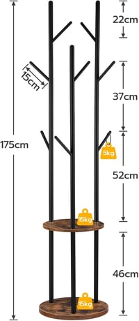 HOOBRO Ipari Stílusú Álló Fogas 175 cm - Sötétbarna Fém és Fa Kombinációjú Ruhaállvány, Helytakarékos, Stabil Kivitel 7