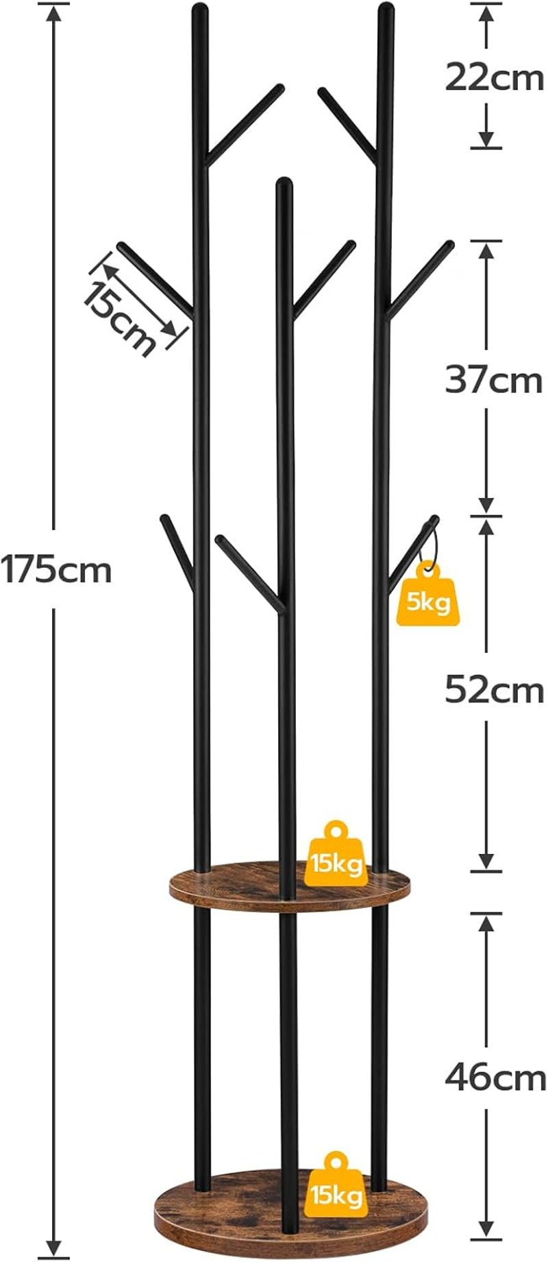 HOOBRO Ipari Stílusú Álló Fogas 175 cm - Sötétbarna Fém és Fa Kombinációjú Ruhaállvány, Helytakarékos, Stabil Kivitel